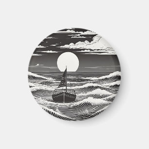 Black & White Lonely Boat on the Ocean Magnet
