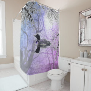 Black  white loon on a lake Shower Curtain purple