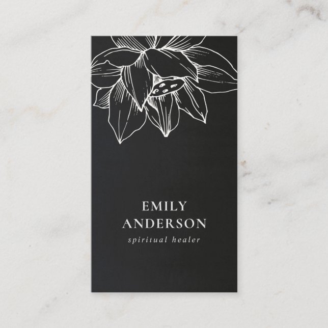 BLACK WHITE LOTUS SIMPLE REIKI SPIRITUAL HEALER BUSINESS CARD (Front)
