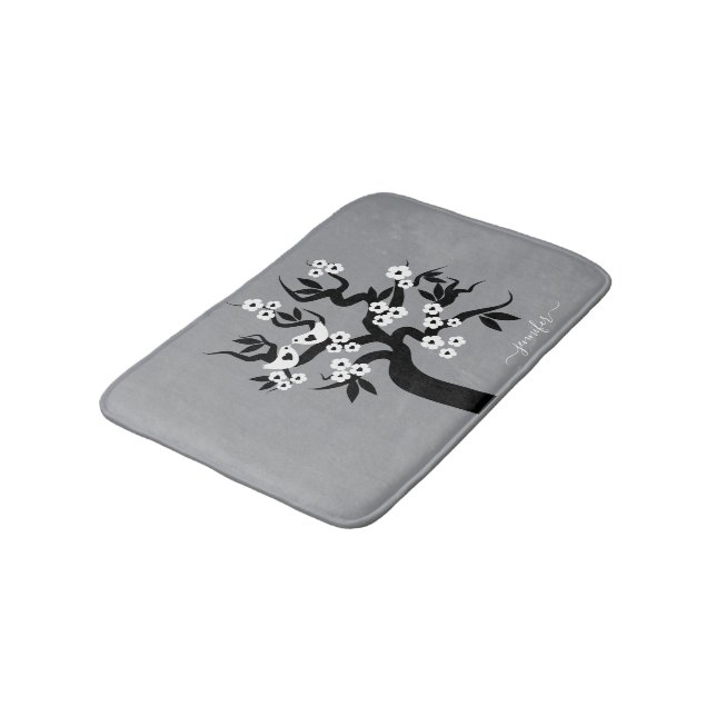 Black, white love birds cherry tree, blossoms grey bath mat (Angled)