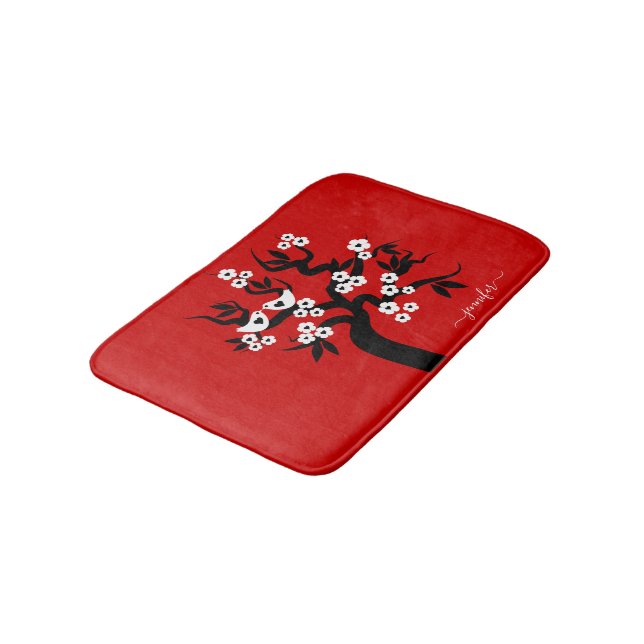 Black, white love birds cherry tree, blossoms red bath mat (Angled)