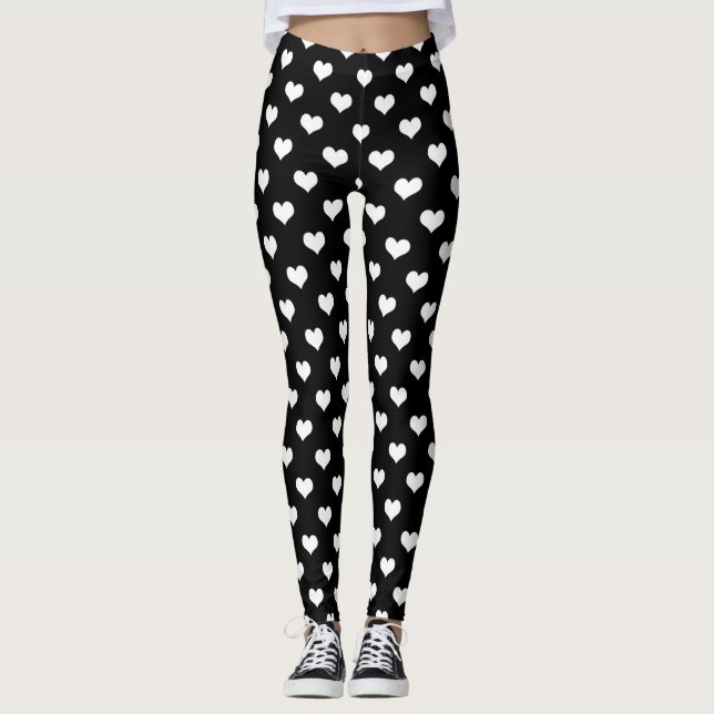 Black White Love Heart Pattern Design  Leggings (Front)