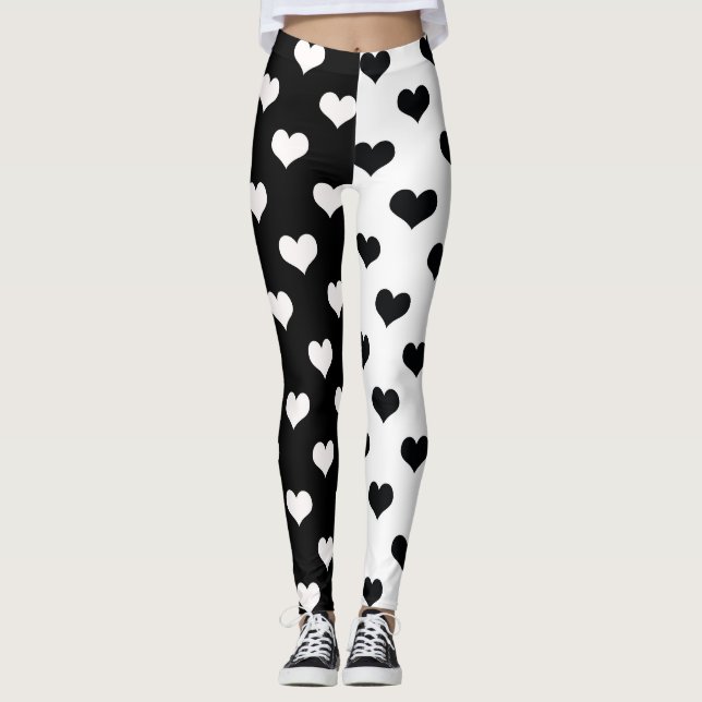 Black White Love Heart Pattern Leggings (Front)
