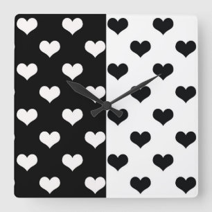 Black White Love Heart Pattern Square Wall Clock