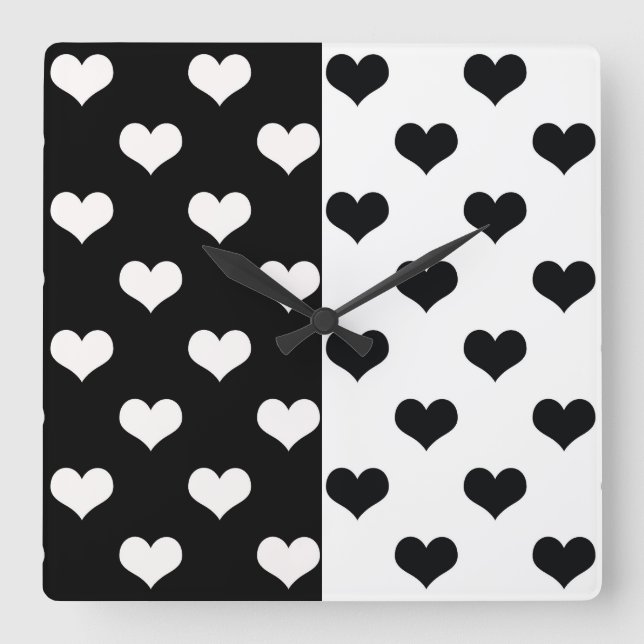 Black White Love Heart Pattern Square Wall Clock (Front)