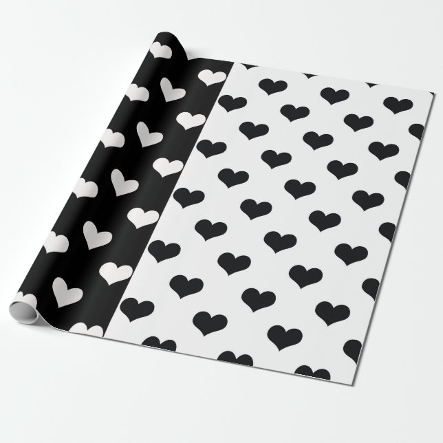Black White Love Heart Pattern Wrapping Paper (Unrolled)