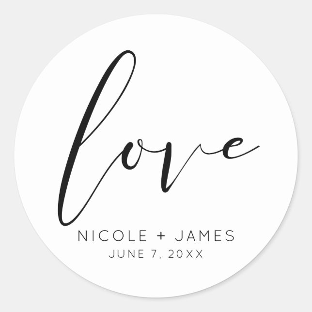 Black & White LOVE Minimal Modern Wedding Classic Round Sticker (Front)