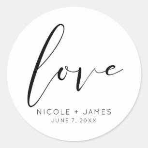 Black & White LOVE Minimal Modern Wedding Classic Round Sticker