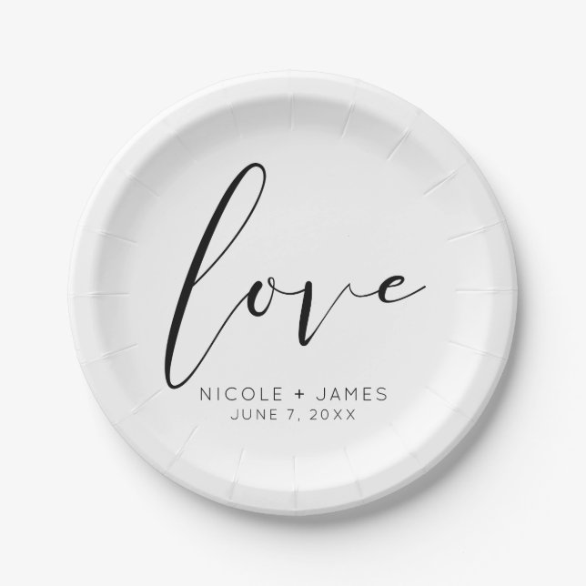 Black & White LOVE Minimal Modern Wedding Paper Plate (Front)