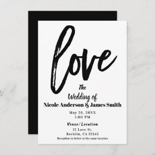 Black & White LOVE Modern Brush Script Wedding Invitation