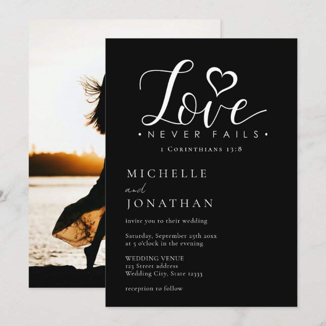 Black White Love Never Fails Bible Photo Wedding Invitation (Front/Back)