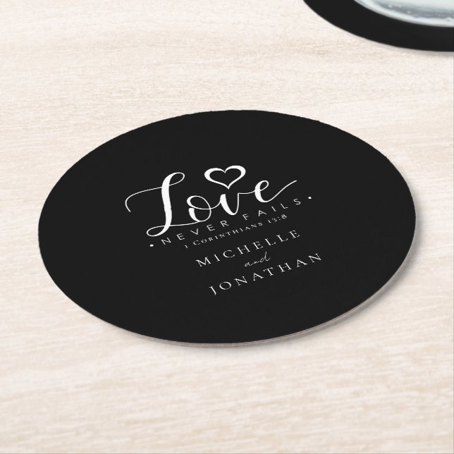 Black White Love Never Fails Bible Verse Wedding  Round Paper Coaster (Angled)