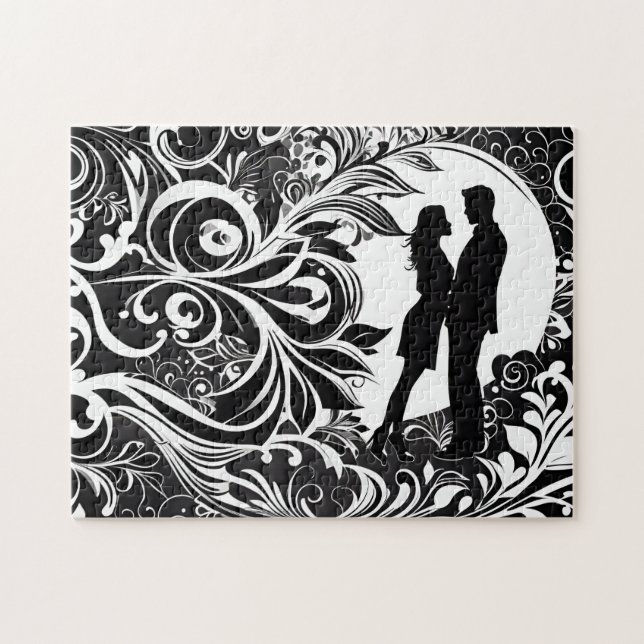 Black & White Love: Silhouette Couple in a Kiss Jigsaw Puzzle (Horizontal)