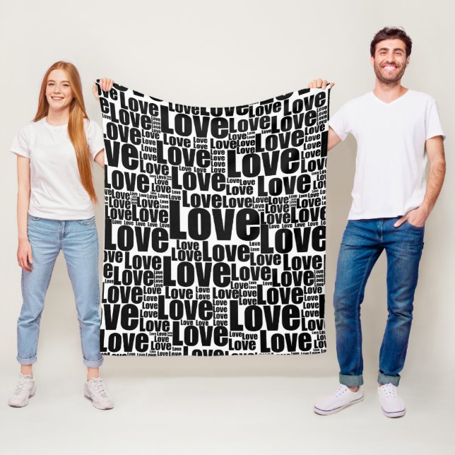 Black & White Love Typography Repeat Pattern Sherp Fleece Blanket (In Situ)