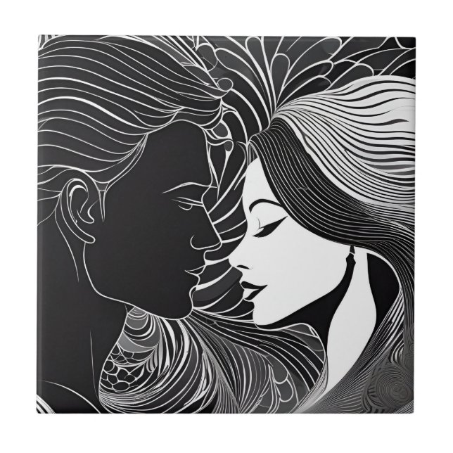 Black & White Lovers Romantic Embrace Silhouettes Tile (Front)