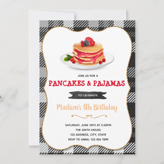Black white Lumberjack pancake invite (Front)