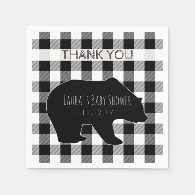 Black & White Lumberjack Plaid | Bear Baby Shower Napkin (Front)