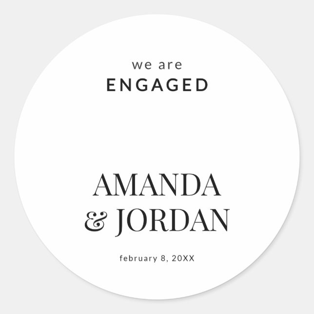  Black & White Luxe Minimalist Engagement  Classic Round Sticker (Front)