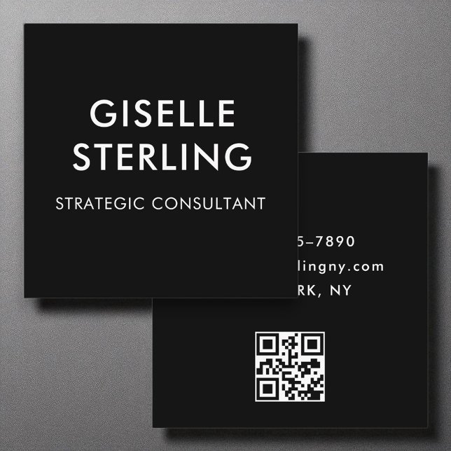 Black White Luxury Minimal Typography QR Code Square Business Card (Creator Uploaded)