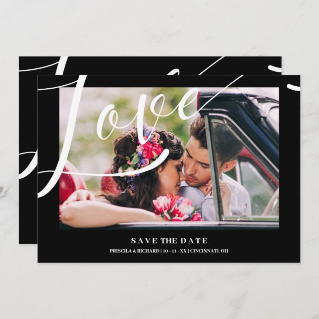 Black & White Luxury Minimalist Love Quote Photo Save The Date (Front/Back)