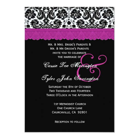 Black White Magenta Lace Flower Damask Wedding V06 Card