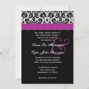 Black White Magenta Lace Flower Damask Wedding V06 Invitation