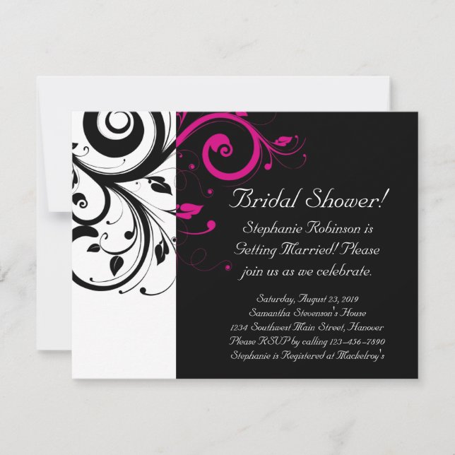 Black, White, Magenta Swirl Bridal Shower/ General Invitation (Front)