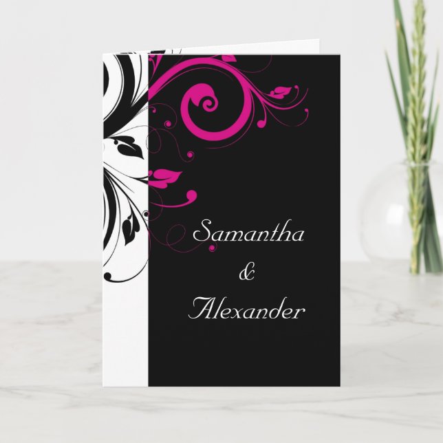Black White Magenta Swirl Wedding Invitation Cards (Front)