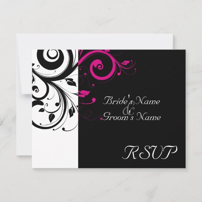 Black +White Magenta Swirl Wedding Matching RSVP (Front)
