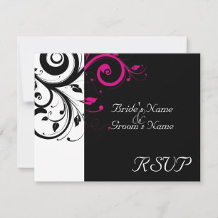 Black +White Magenta Swirl Wedding Matching RSVP Card