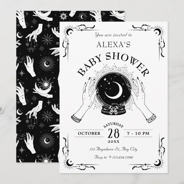 Black white magic moon crystal ball baby shower invitation (Front/Back)