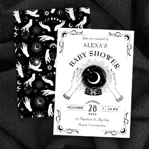 Black white magic moon crystal ball baby shower invitation