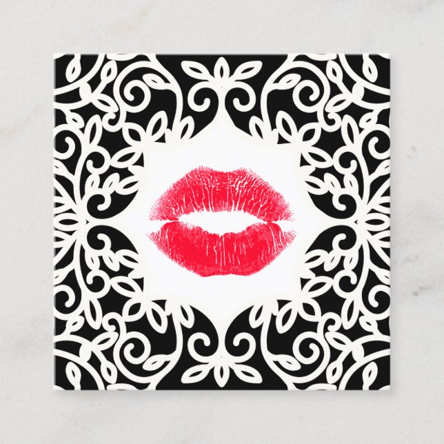 Black White Makeup Artist Kissing Red Lips Square Business Card (Front)