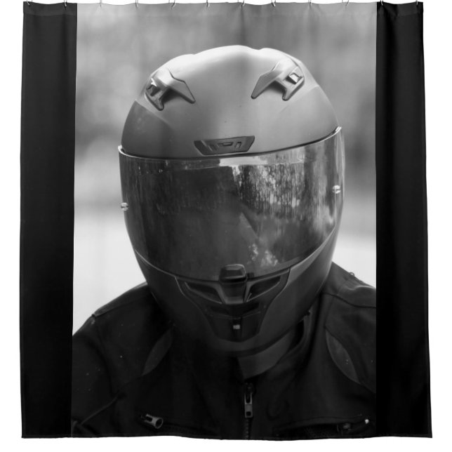 Black & White Man in a Motorcycle Helmet Shower Curtain (Front)