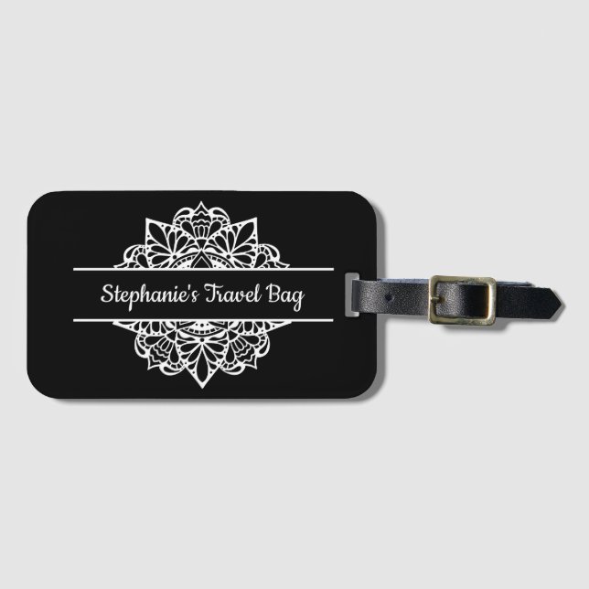 Black & White Mandala Art Personalised Luggage Tag (Front Horizontal)