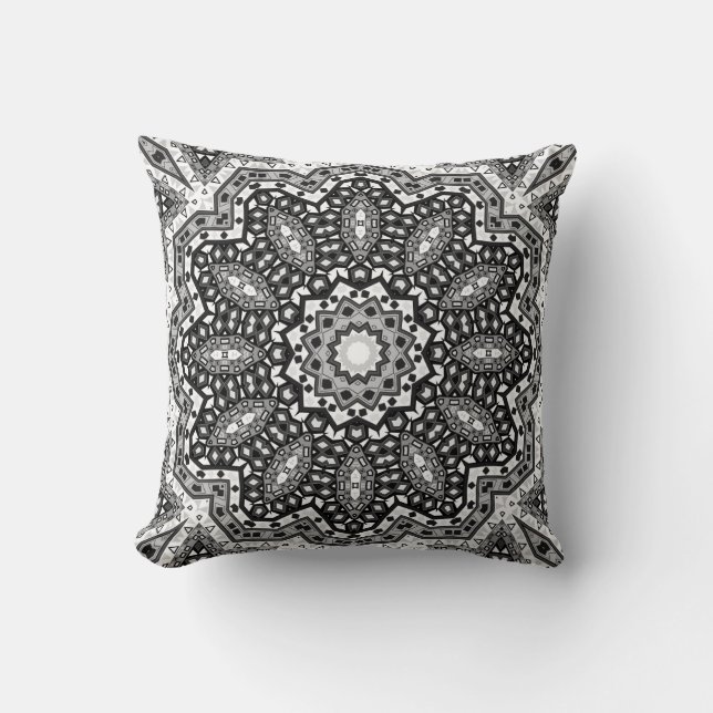 Black white mandala, kaleidoscope, round ornament cushion (Front)