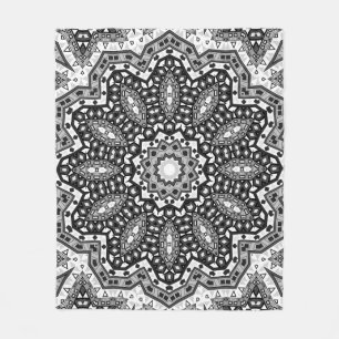 Black white mandala, kaleidoscope, round ornament fleece blanket
