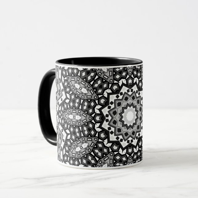 Black white mandala, kaleidoscope, round ornament mug (Front Left)