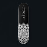 Black White Mandala Pattern Monogram Skateboard<br><div class="desc">A vibrant white on black abstract mandala pattern skateboard with a stunning symmetrical pattern. Unique and bold symbol of the universe.</div>