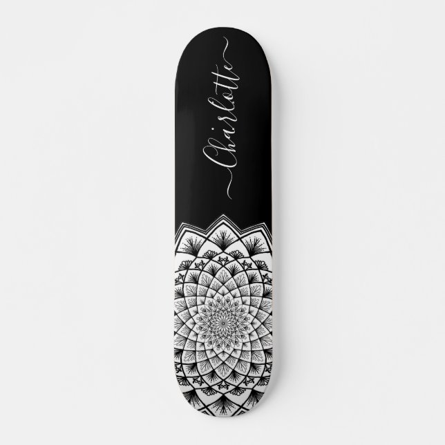Black White Mandala Pattern Monogram Skateboard (Front)