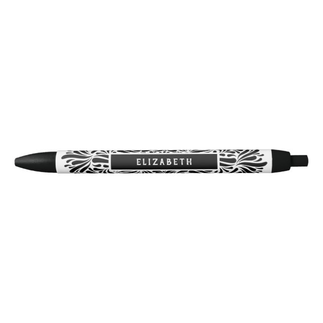 Black & White Mandala Personalised Name Modern Black Ink Pen (Front)