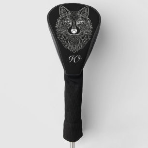 Black & White Mandala Wolf Head Monogram Initial Golf Head Cover