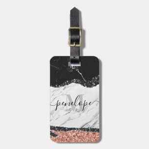 Black White Marble and Glitter Luggage Tag