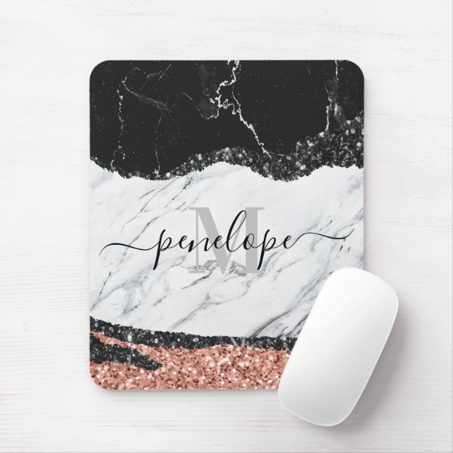 Black White Marble and Glitter Mouse Mat (With Mouse)