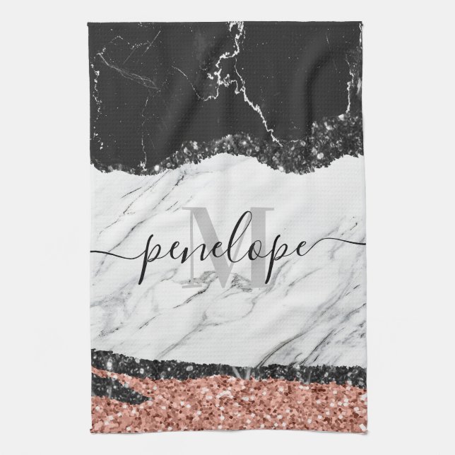 Black White Marble and Glitter Tea Towel (Vertical)