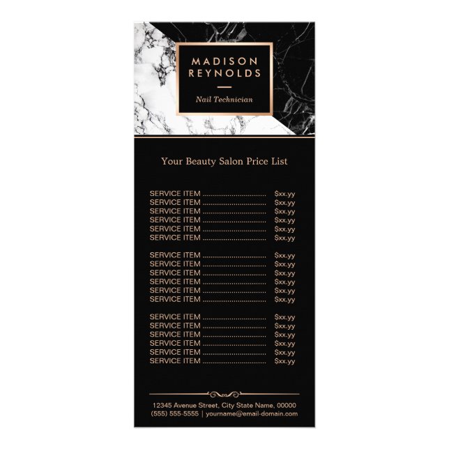 Black White Marble Beauty Salon Price List Rack Card (Front)