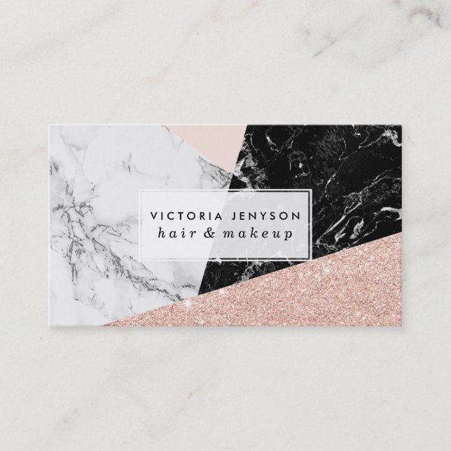 Black white marble blush pink rose gold glitter business card (Front)