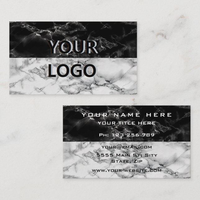 Black White Marble Business Card Logo Text Info (Front/Back)