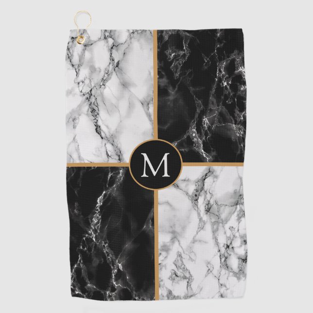 Black White Marble Custom Letter Golf Towel (Front)