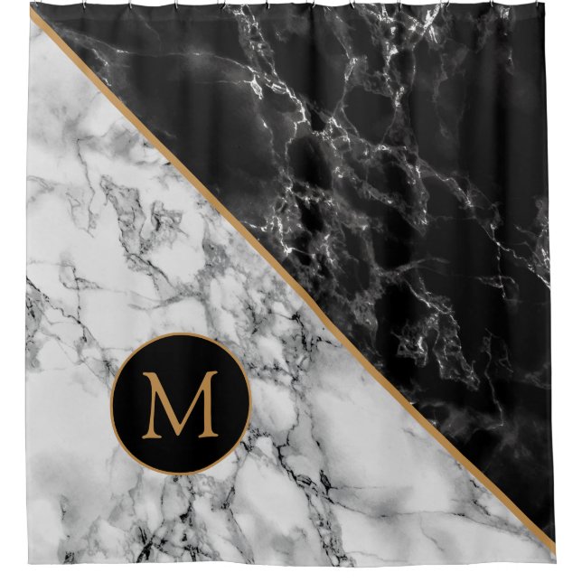 Black White Marble Custom Letter Shower Curtain (Front)